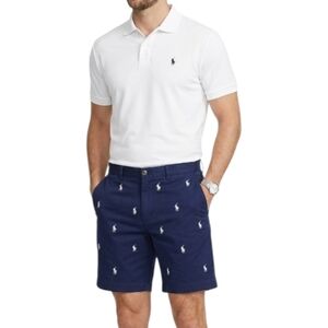 Polo Ralph Lauren Navy Blue Chino Shorts All-Over White Embroidered Pony,  Sz 33